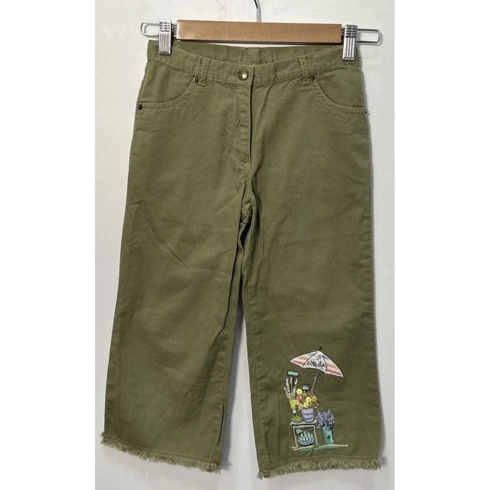 Gymboree Bonjour Provence Cropped Pants Olive Green Sequins‎ & Embroidered Sz 8